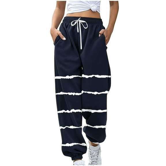 Wyobmus Women Streetwear Sweatpants Striped Print Drawstring High Waisted Athletic Joggers Fashion Lounge Trousers Black