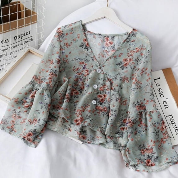 Women's Fashion V Neck Floral Print Blouses Sweet Fresh Long Sleeves Chiffon Shirt Tops