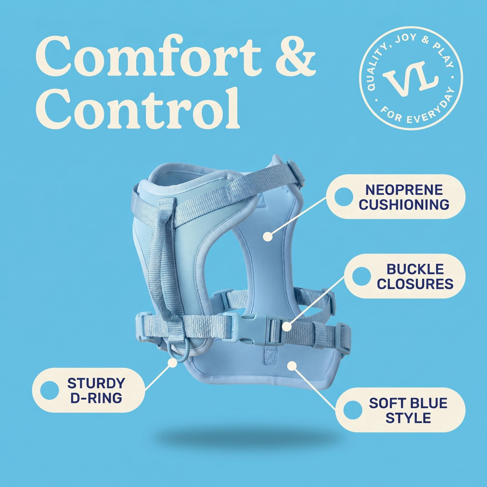 Vibrant Life Neoprene Comfort Control Dog Harness, Soft Blue, Medium