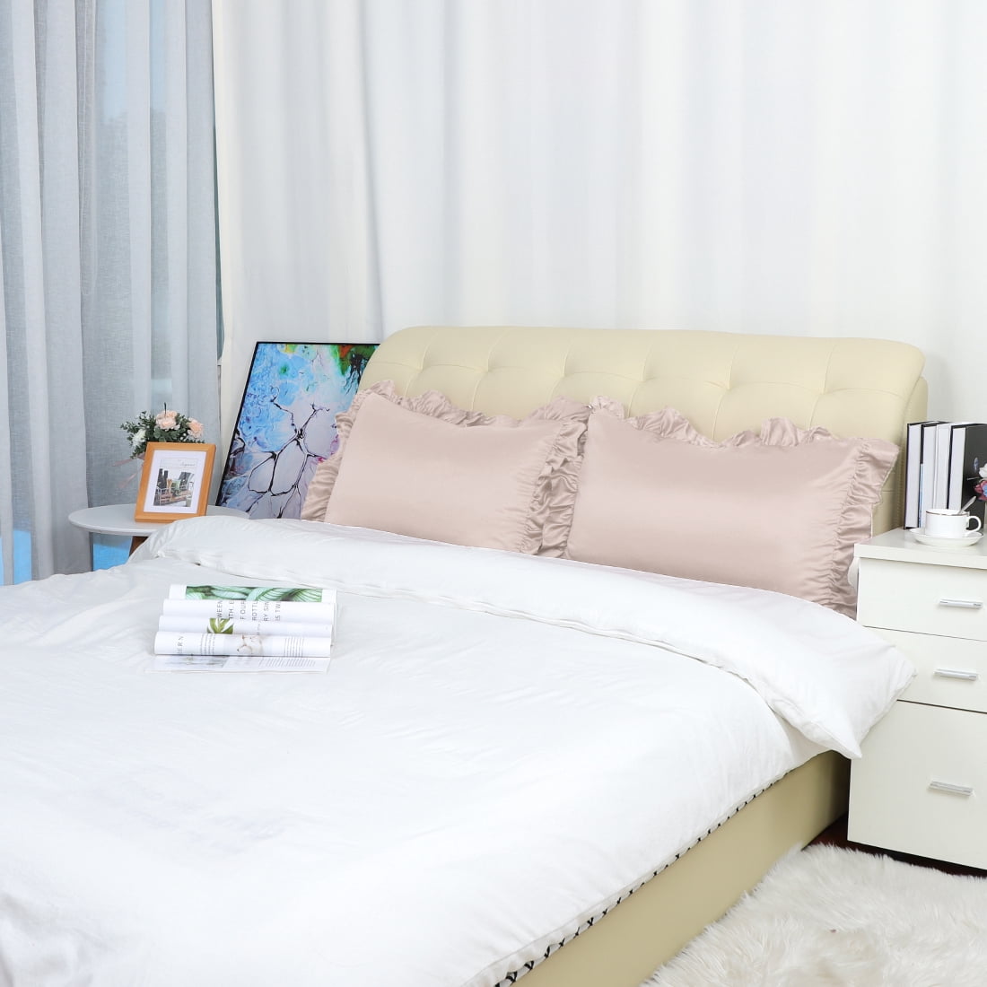Unique Bargains 4-Piece Satin Ruffled Edge Pillow Shams, Standard, Taupe