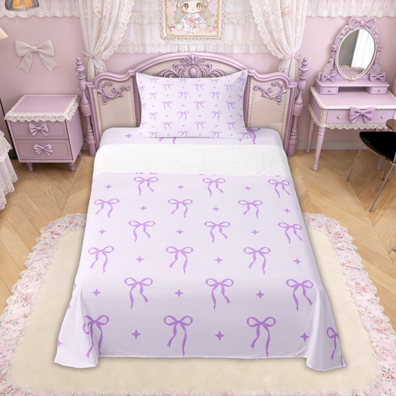Erosebridal Lavender Bow Star Twin Sheet Sets for Girls, Purple Ribbon Bedding for Women, 3pcs