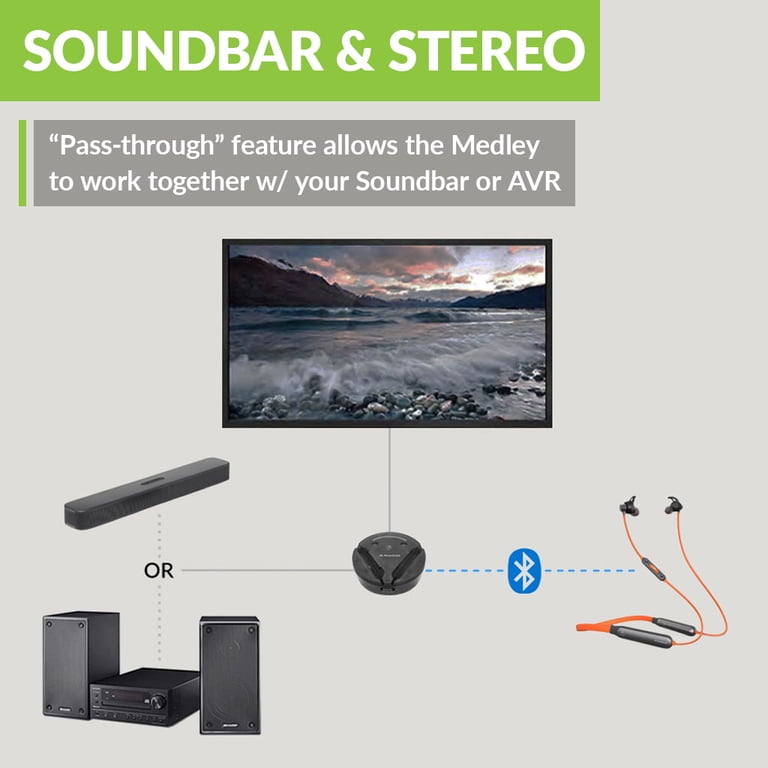 Avantree Medley Clear: Auriculares Inalámbricos Para TV Con Diálogo Súper Claro, Transmisor Bluetooth, Base De Carga Y 20h De Batería