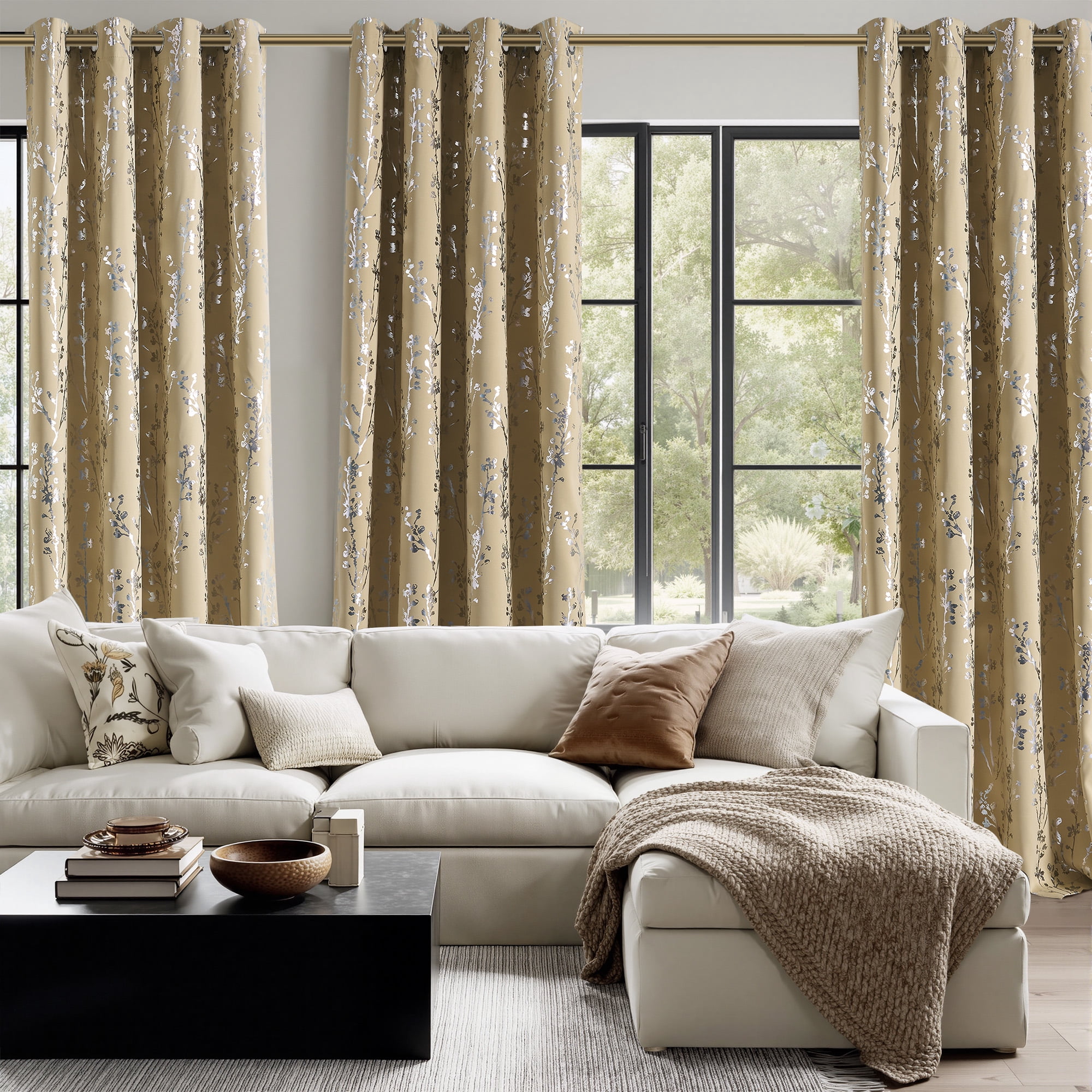 NICETOWN 100% Blackout Curtains for Bedroom, Noise Reducing Thermal Insulated Silver Branch Curtain, Grommet Blackout Curtains for Patio Sliding Glass Door 2 Panels, 52 x 63 Inch, Biscotti Beige)