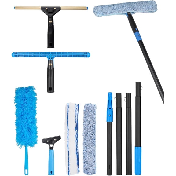 Window Cleaning Kit with Storage Bucket, Window Squeegee with 4.13ft Extension Pole, Scrubber, Spray Bottle,Duster Cloth, Squeegee with Rotating Head, Professional Window Cleaning Tools