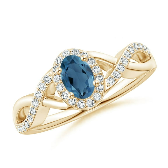 ANGARA Natural Oval London Blue Topaz Crossover Ring with Diamond Halo in 14K Yellow Gold for Women (Size-6x4mm) | November Birthstone Jewelry for Women | London Blue Topaz Ring (Ring Size - 7.5)