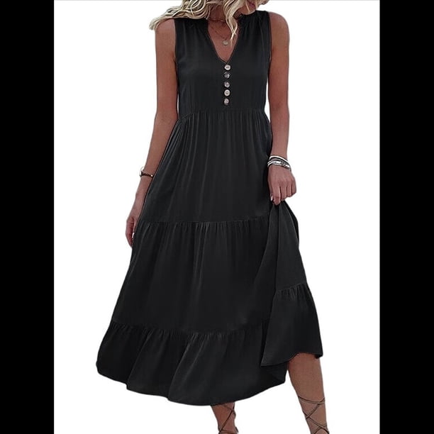 Vestido Informal para Mujer, Sin Mangas, Cuello en V, Botones, para Playa, con Volantes Escalonados, Falda , Vestidos Midi. Negro M