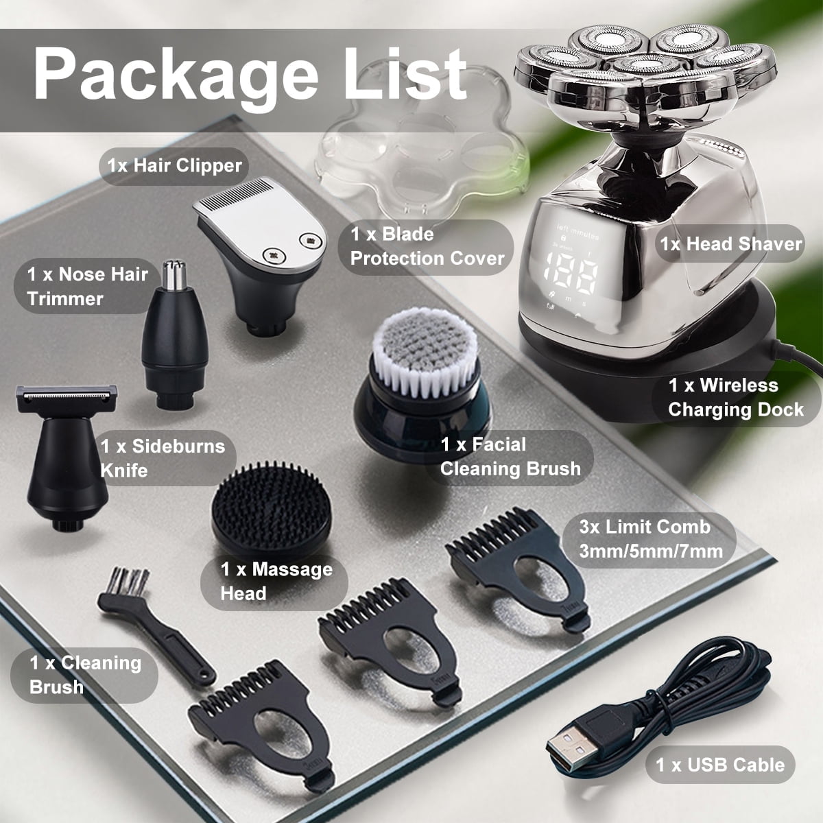 TiokMc 6-in-1 Waterproof Electric Head Shaver for Men, 7D Rotary Blades, LED Display, USB Rechargeable Grooming Kit with Trimmer, Nose Hair Cutter, and Accessories