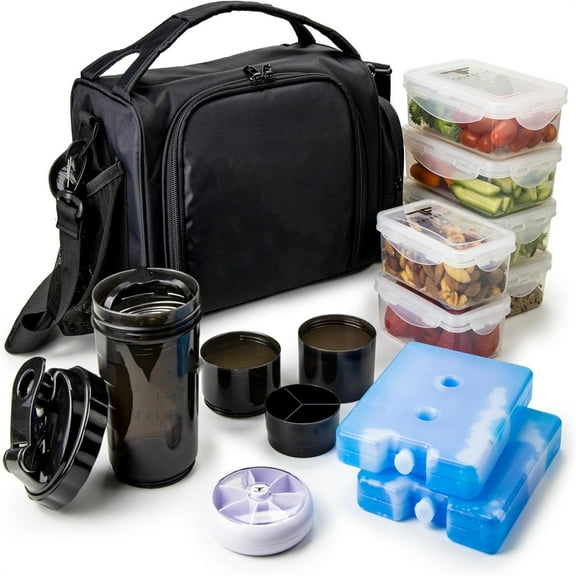 Insulated Meal Prep Lunch Box with 6 BPA-Free, Reusable, Microwavable, Freezer   Food Portion-Control Containers, Shaker Cup, Pill Organizer, Lunch Bag with Storage Pocket - (Black)