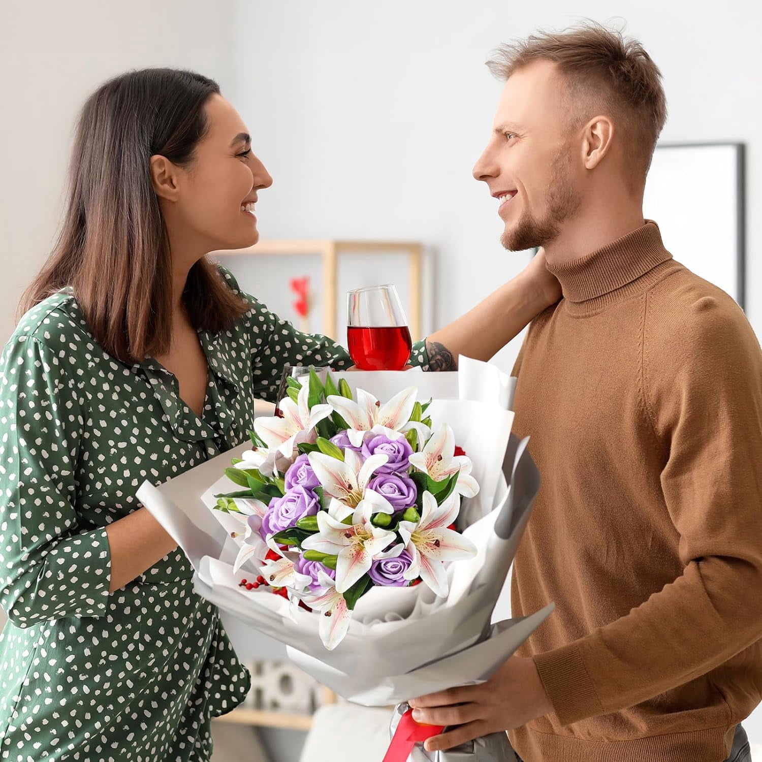 PINSAI Artificial Flowers Velvet Realistic Red Roses and Latex Lilies Flowers Bouquet Decorations Flower Arrangements for Mother's Day Wedding Party Bouquet Table