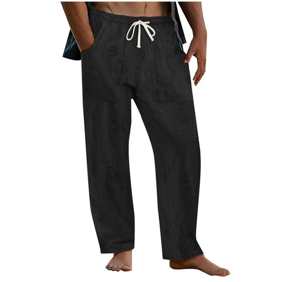 LNWUY Men's Drawstring Beach Pant Summer Cotton Linen Loose Yoga Jogger Pants Solid Color Elastic Waist Pocket Pants Black XXXL