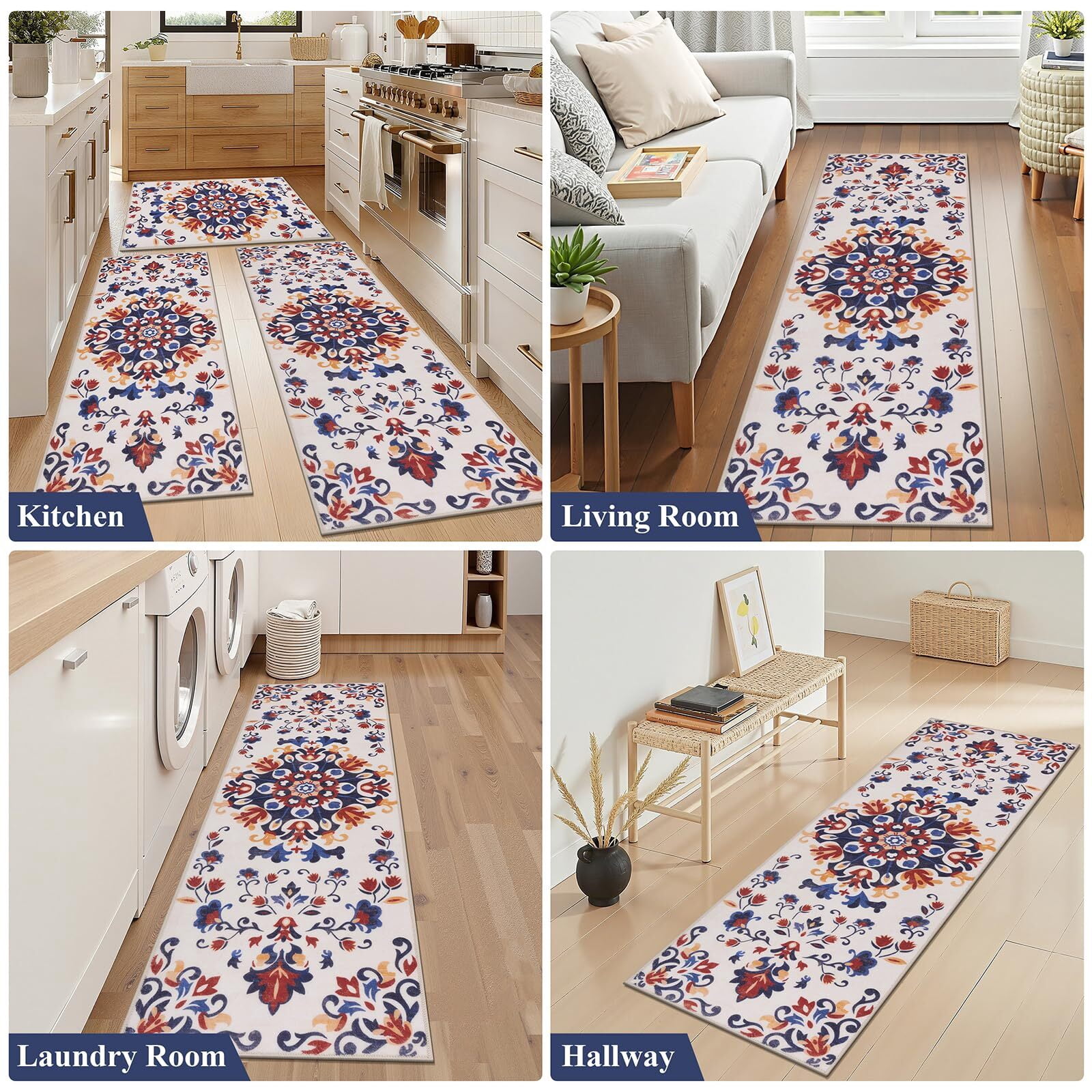 Findosom 3pcs Washable Kitchen Rug Set,Non-Slip Floral Boho Kitchen Mats Kitchen Runner Rug Floor Carpet for Hardwood Floor,Sink,Entryway,Bathroom,Home Decor,20"x32"+20"x48"+20"x59"