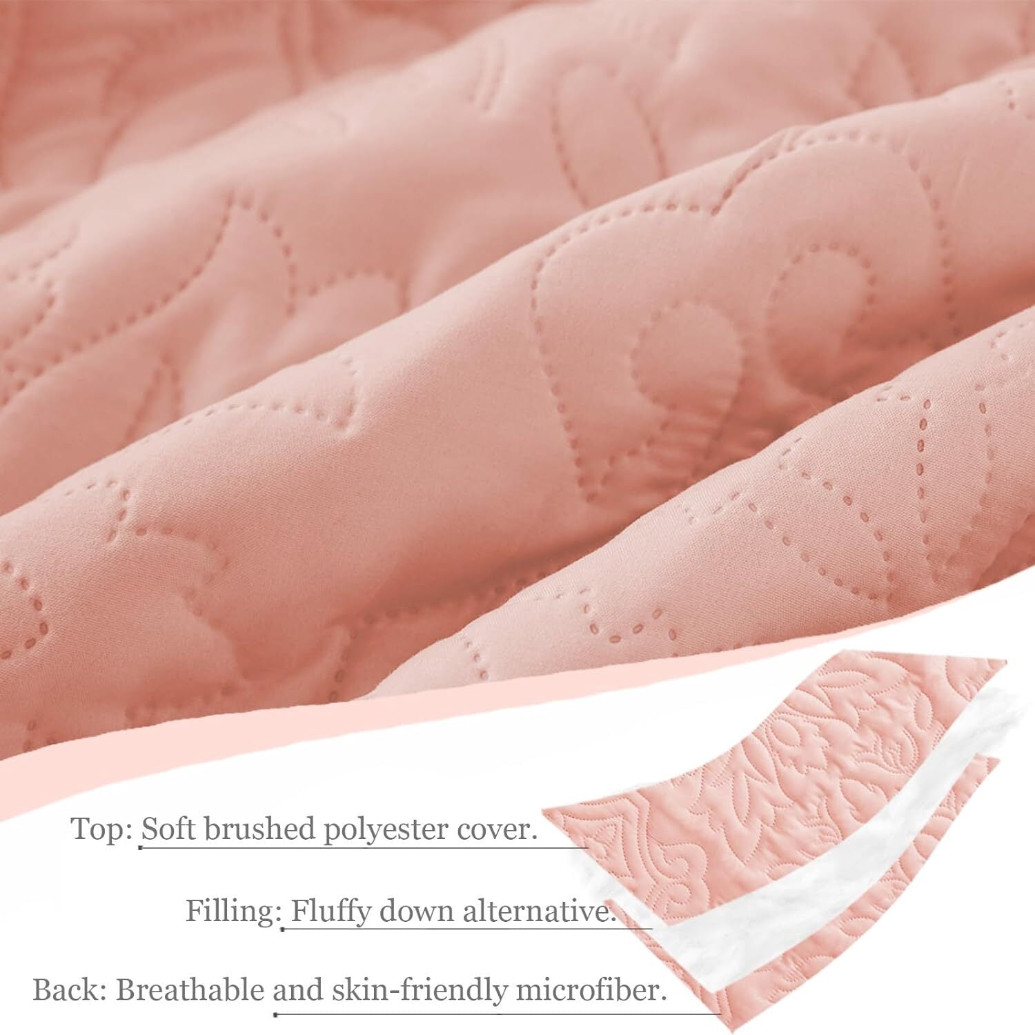 Whale Flotilla 3-Piece Queen Quilt Set, Soft Embossed Bedding Set, Lightweight Bedspread Coverlet with Damask Vintage Pattern, Reversible Bed Cover for All Seasons, BlushPink