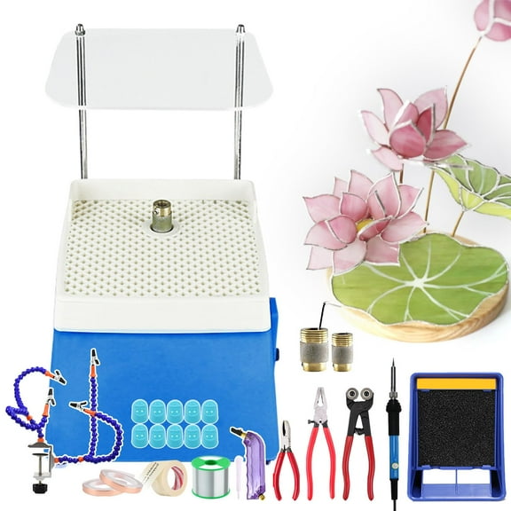 Professional 15 Pcs Glass Craft Starter Tool Kit,Stained Glass Start-Up Tool Set,kit with Glass Grinder&Glass Cutter Tool Kit&Soldering Iron&Solder exhaust fan&Solder Clamp&Consumables