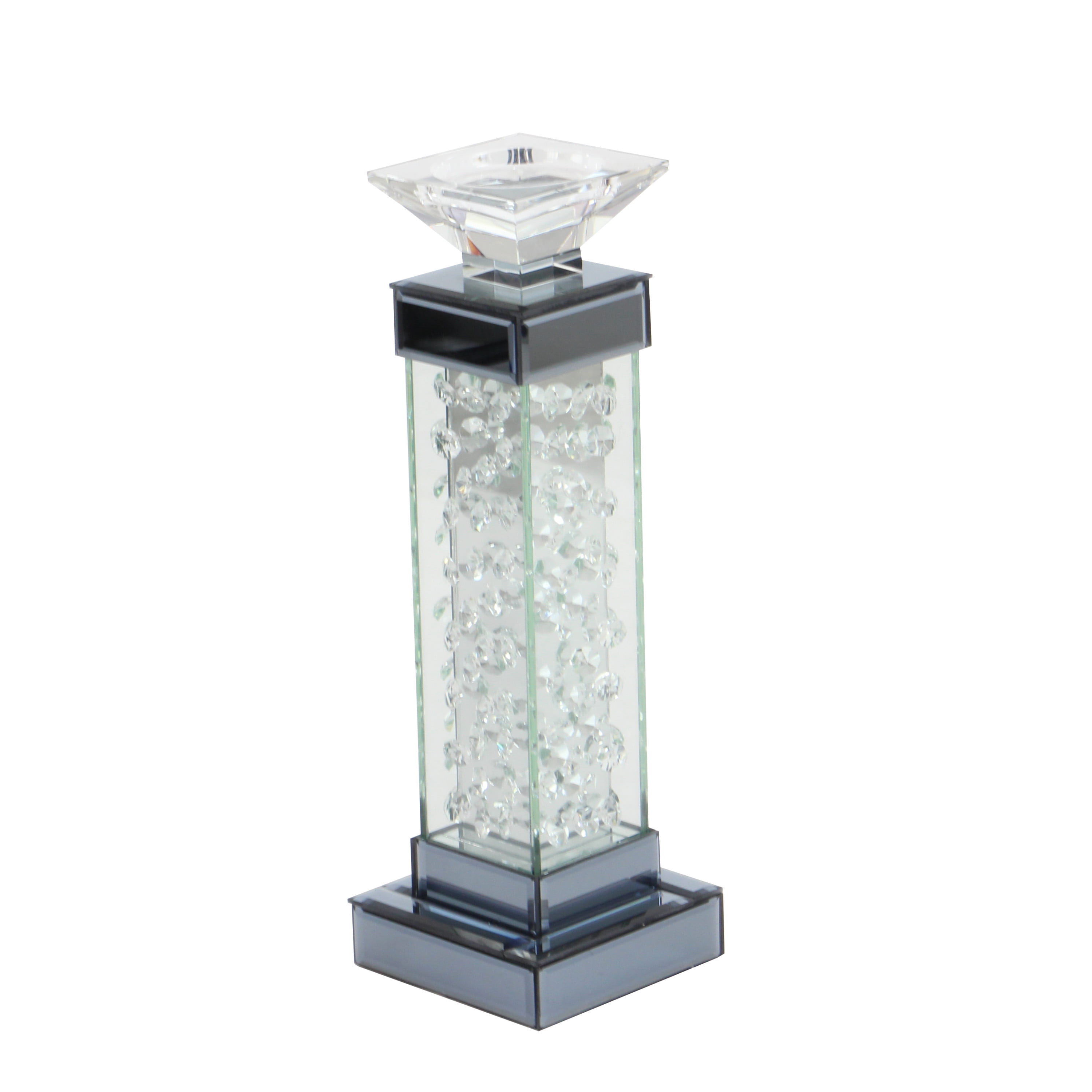 DecMode Silver Glass Pillar Candle Holder with Floating Crystals