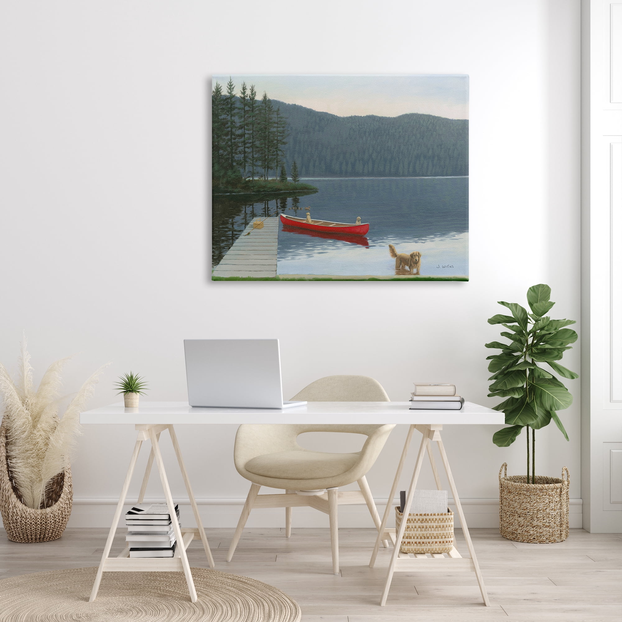 Stupell Industries Docked Row Boat Lake Forest Landscape Pet Dogs, 48 x 36, Design by James Wiens
