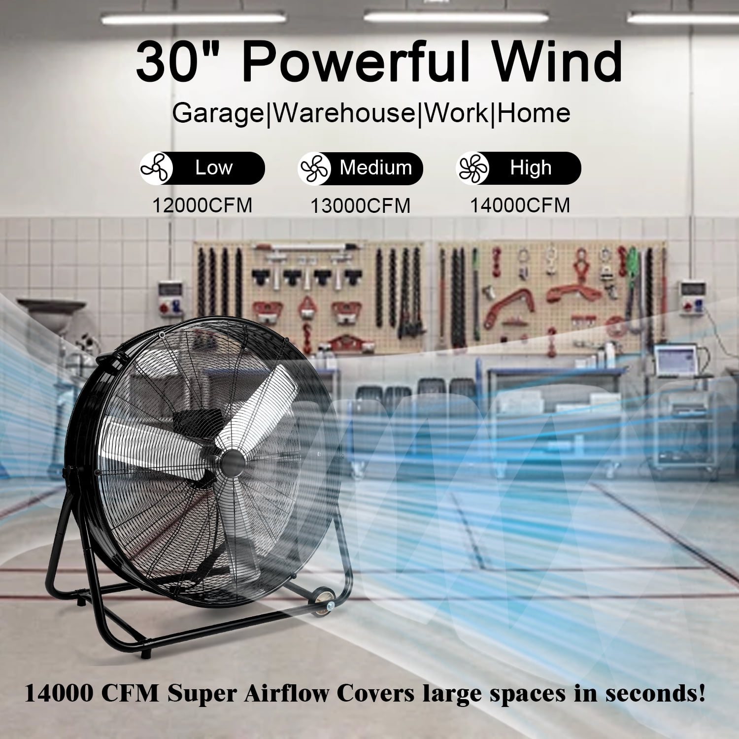 30" Industrial Fans for 14000 CFM, High Velocity Fan with 3 Speeds, Heavy Duty Blower Fan Equipped 360° Tilt Air Circulator Used in Warehouse, Garage, Yard