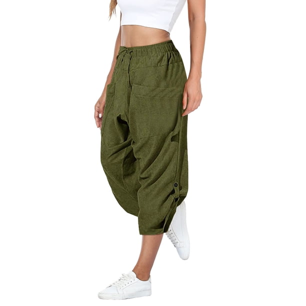 Pantalones de mujer holgados Gibobby diarios casuales con bolsillos elásticos cordón en la cintura Verdinegro XXXL