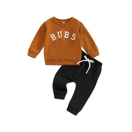 

EYIIYE Baby Boys Autumn 2Pcs Sweatshirt Set Letter Print Round Neck Long Sleeve Pullover Tops+ Solid Color Long Pants 0-3 Years