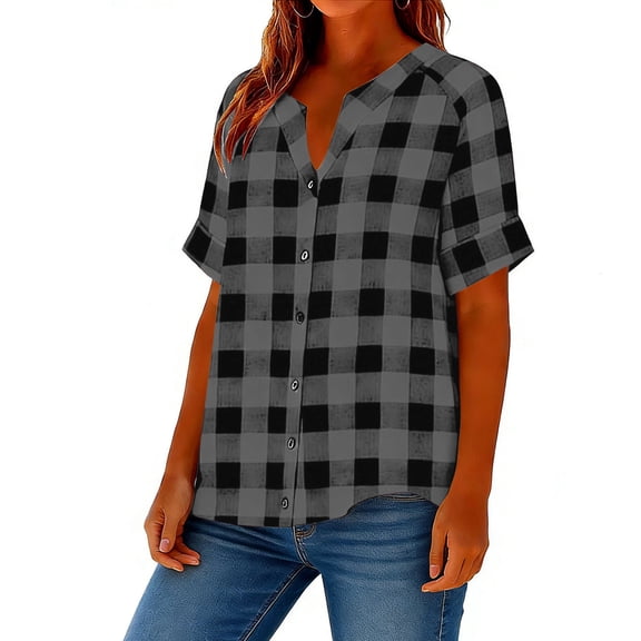 Blouse for Women V Neck Short Sleeve Fashion Loose Fit Large Checkered Pattern Button Down Breathable Soft Summer Tunic Tops