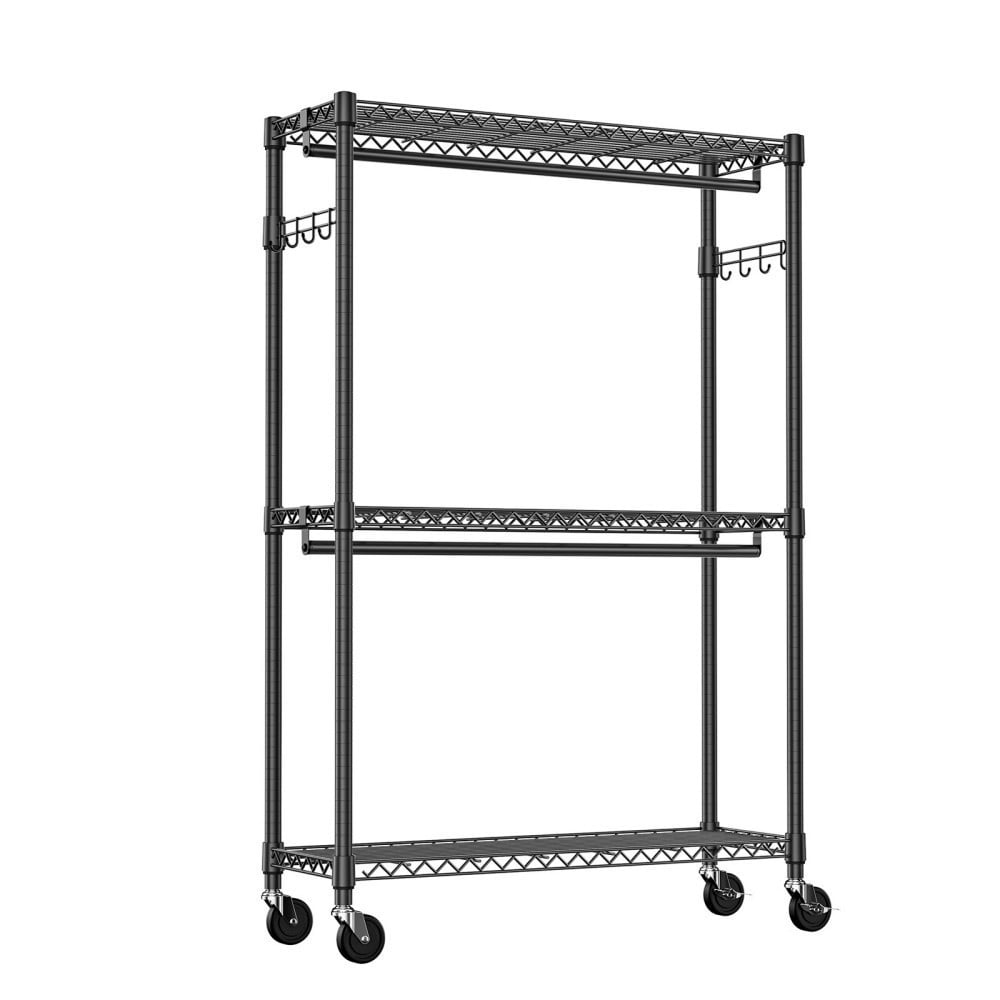 Heavy Duty Rolling Garment Rack, 3-Tier Adjustable Wire Shelving Clothes Rack with 2 Hanging Rods, Side Hooks & Wheels, Black