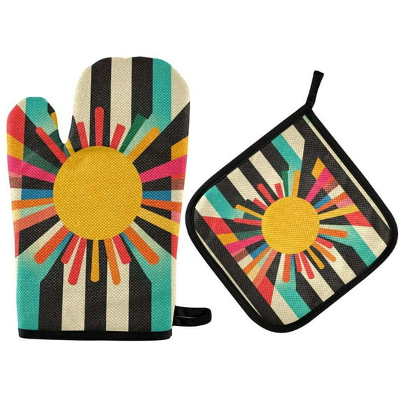 Yayeee Oven Mitts and Pot Holder Set of 2 Heat Resistant Kitchen Gloves Baking Hot Pad, Geometric Sun