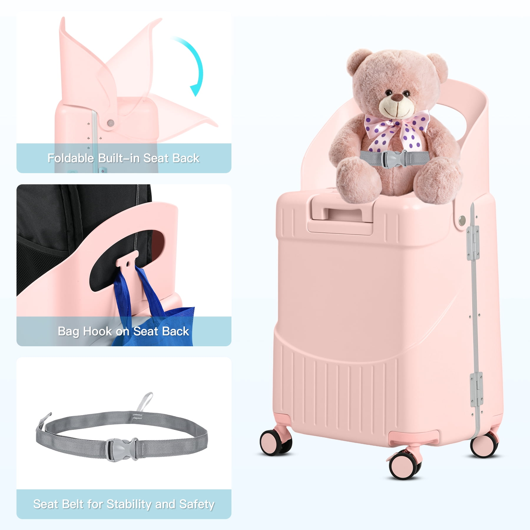 Advwin 20" Ride-On Suitcase for Kids & Adults, Hardshell Carry-On Luggage w/ Child Seat, Front Opening, USB Port, TSA Lock, 4 Spinner Wheels for Travel, Pink