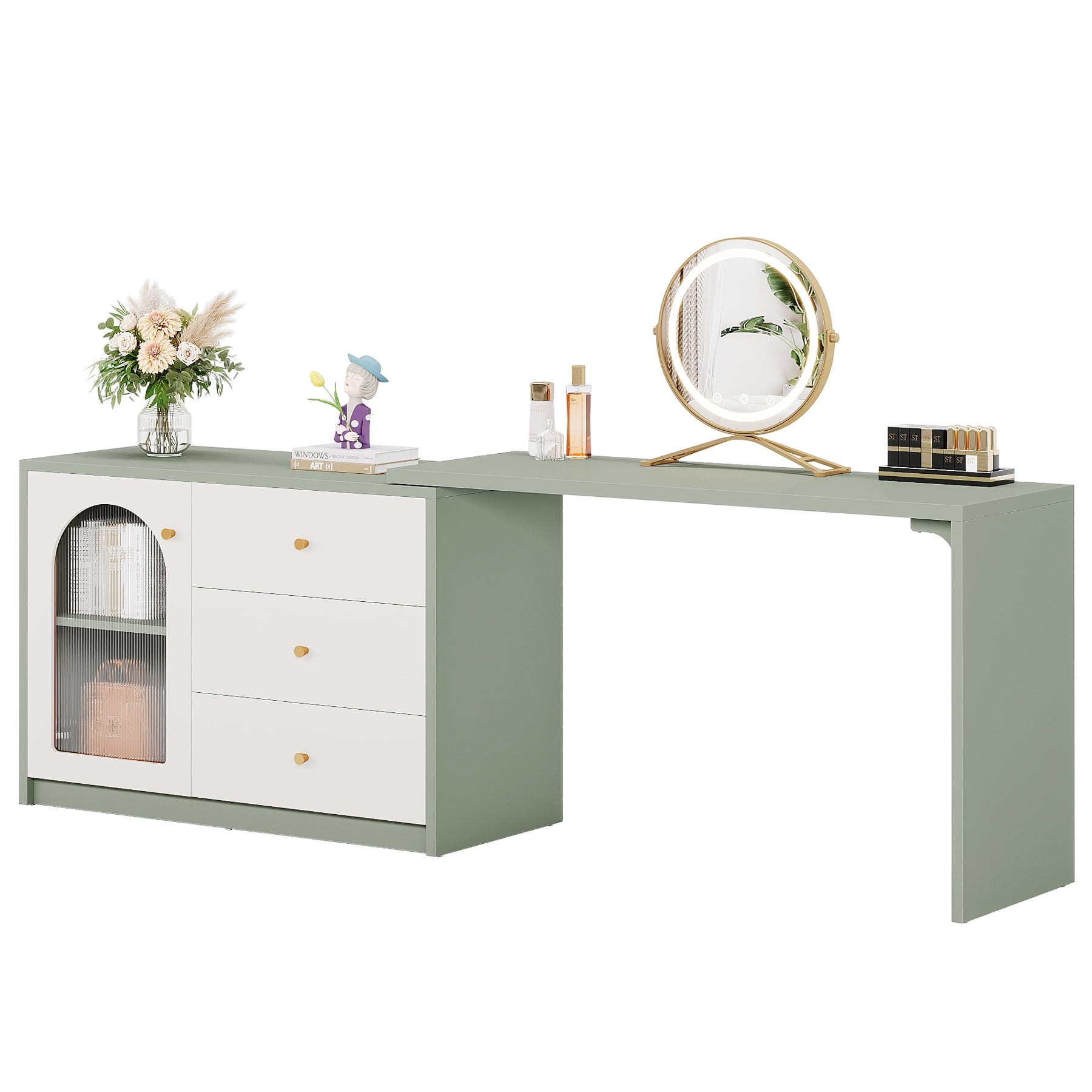 Fnova 48" Table for Nail Tech, Modern Stretchable L-Shaped Nail Corner Desk Station with Cabinet and 2 Drawers, Beauty Salon Workstation Decor with Storage Shelves, White Green