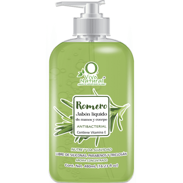 Jabón Líquido Antibacterial VivoNatural para Manos y Cuerpo 480 ml aroma ROMERO con extracto de Aloe Vera