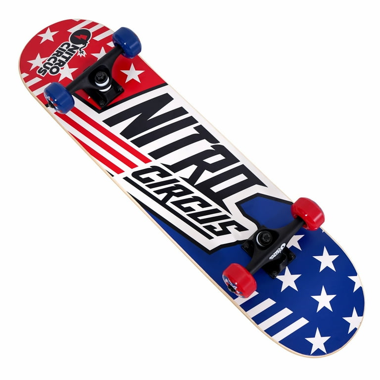 Hyper Nitro Circus 9-Ply Maple Skateboard, Stars and Stripes, Assembled Product Width Is 7.75 inches Hyper Nitro Circus 9-Ply Maple Skateboard, Stars and Stripes, Assembled Product Width Is 7.75 inches