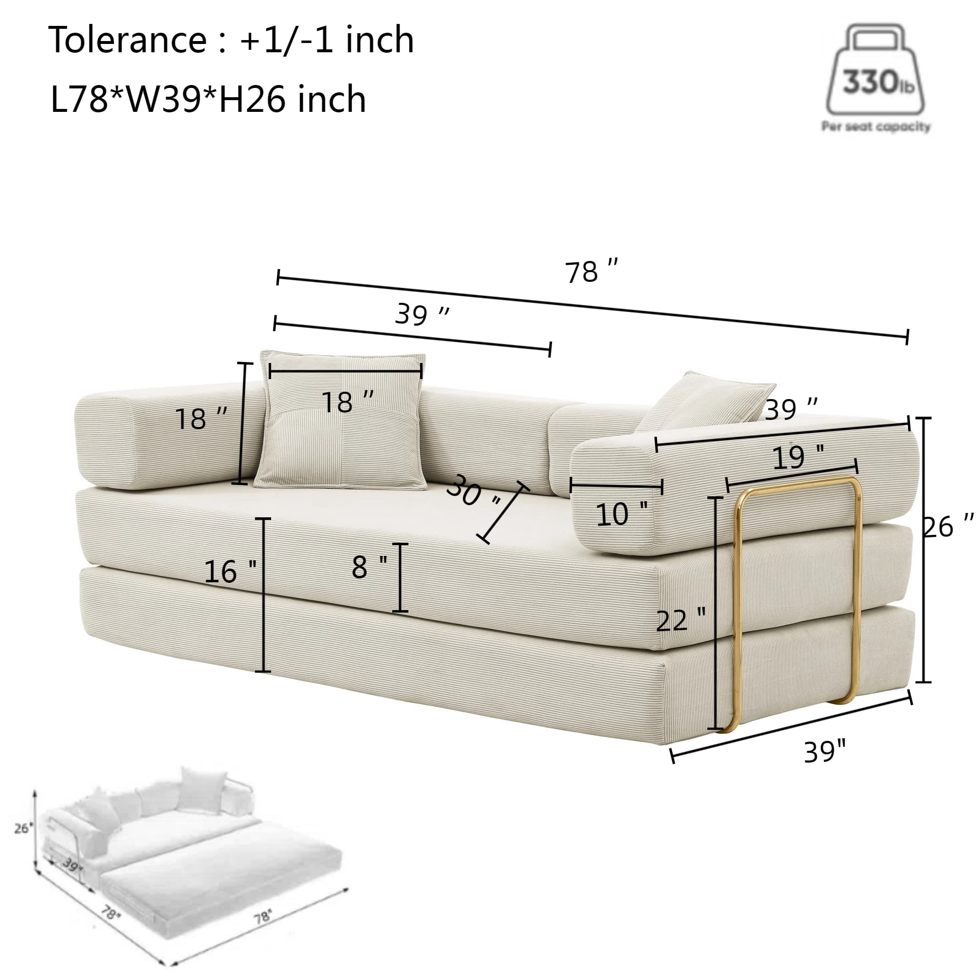 Lunale Boneless Cloud Couch, Convertible Floor Sofa Bed, Queen Size Pull Out Sleeper Sofa, No Assembly Required, Beige Corduroy