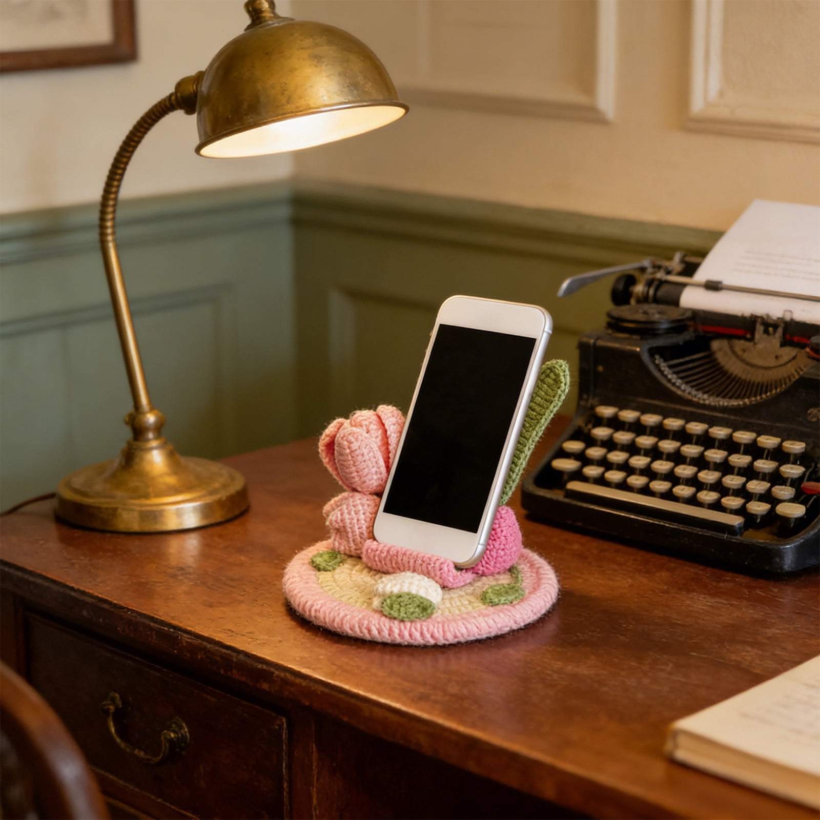 AURIGATE Handmade Crochet Tulip Flower Phone Stand, 5.12 Inch Cotton Cute Floral Phone Holder for Desk Home Office Decor