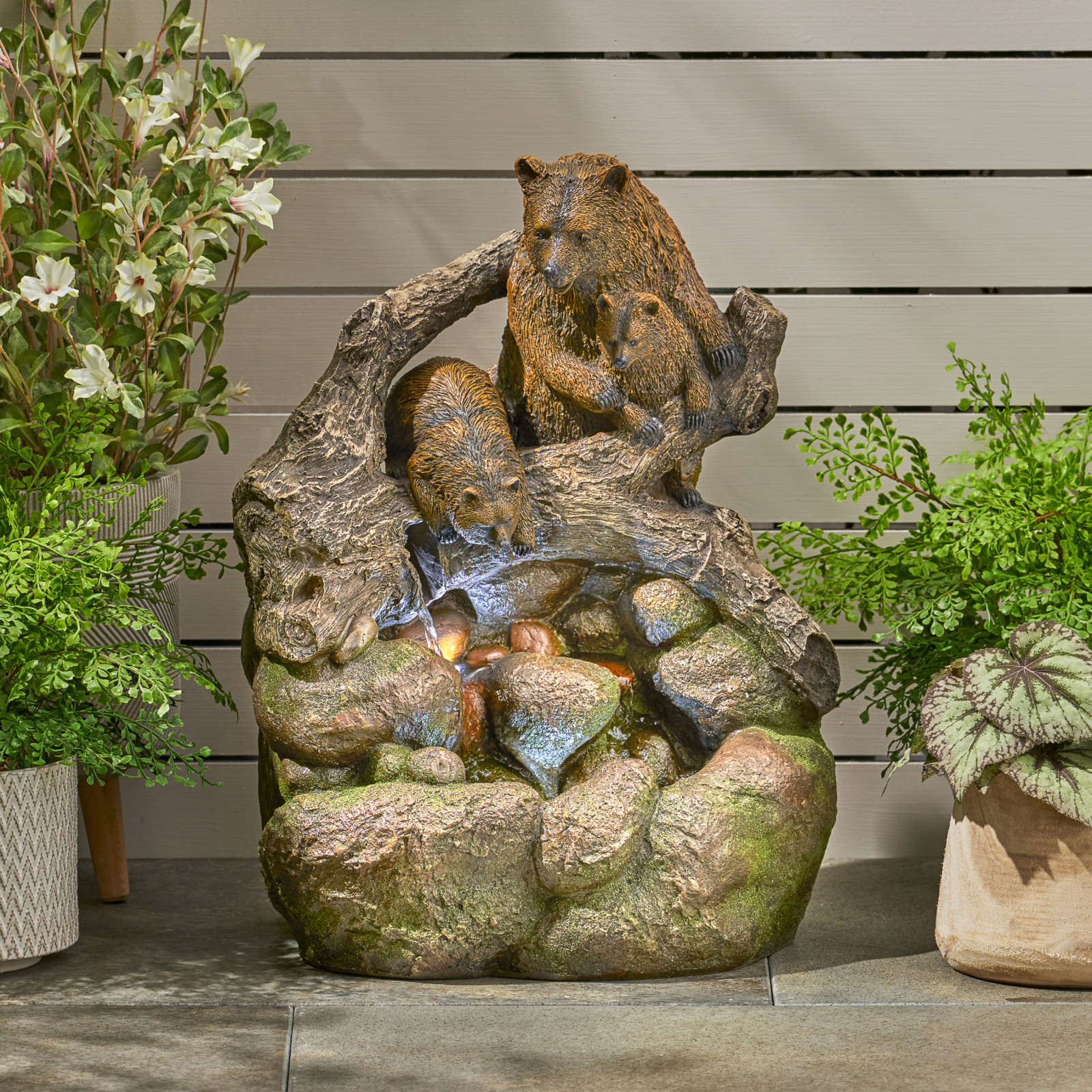 Outdoor Water Fountain with LED Lights Weather Resistant Bear Design Garden Patio Decor Relaxing Waterfall Flow for Backyard Ambiance