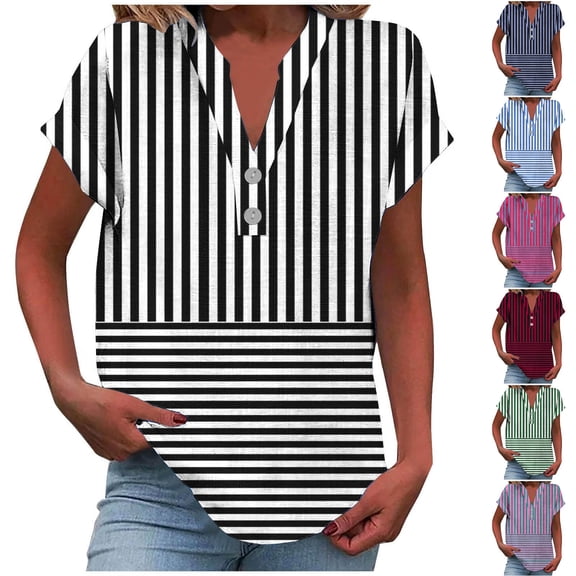 YHAJDS Womens Tops Short Sleeve V Neck Button Front Casual Blouse Linen Like Striped Print