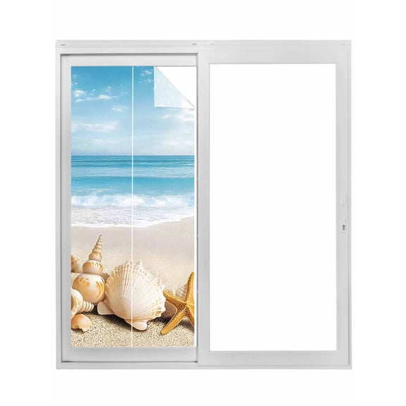 Beach Coastal Window Privacy Film, Summer Nautical Seaside Starfish Shell Static Cling UV Sun Blocking Tint Film Heat Control Windows Films for Bedroom Bathroom, Window Stickers 29.5"x78.7"