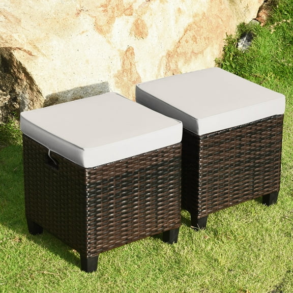 Gymax Set of 2 Patio Wicker Rattan Ottoman Footrest Garden Outdoor w/ Cushion