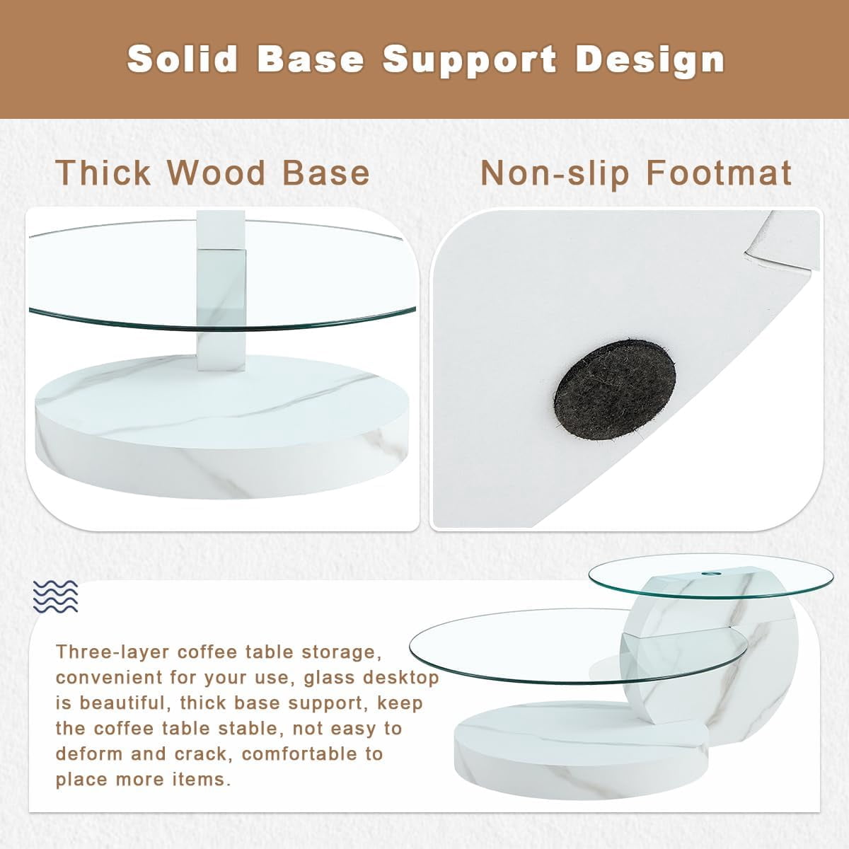 StnTalk 42" Round Coffee Table, 3-Tier Glass Coffee Table with Faux Marble MDF Base, Modern Storage Center Table for Living Room, Small Space, Apartment