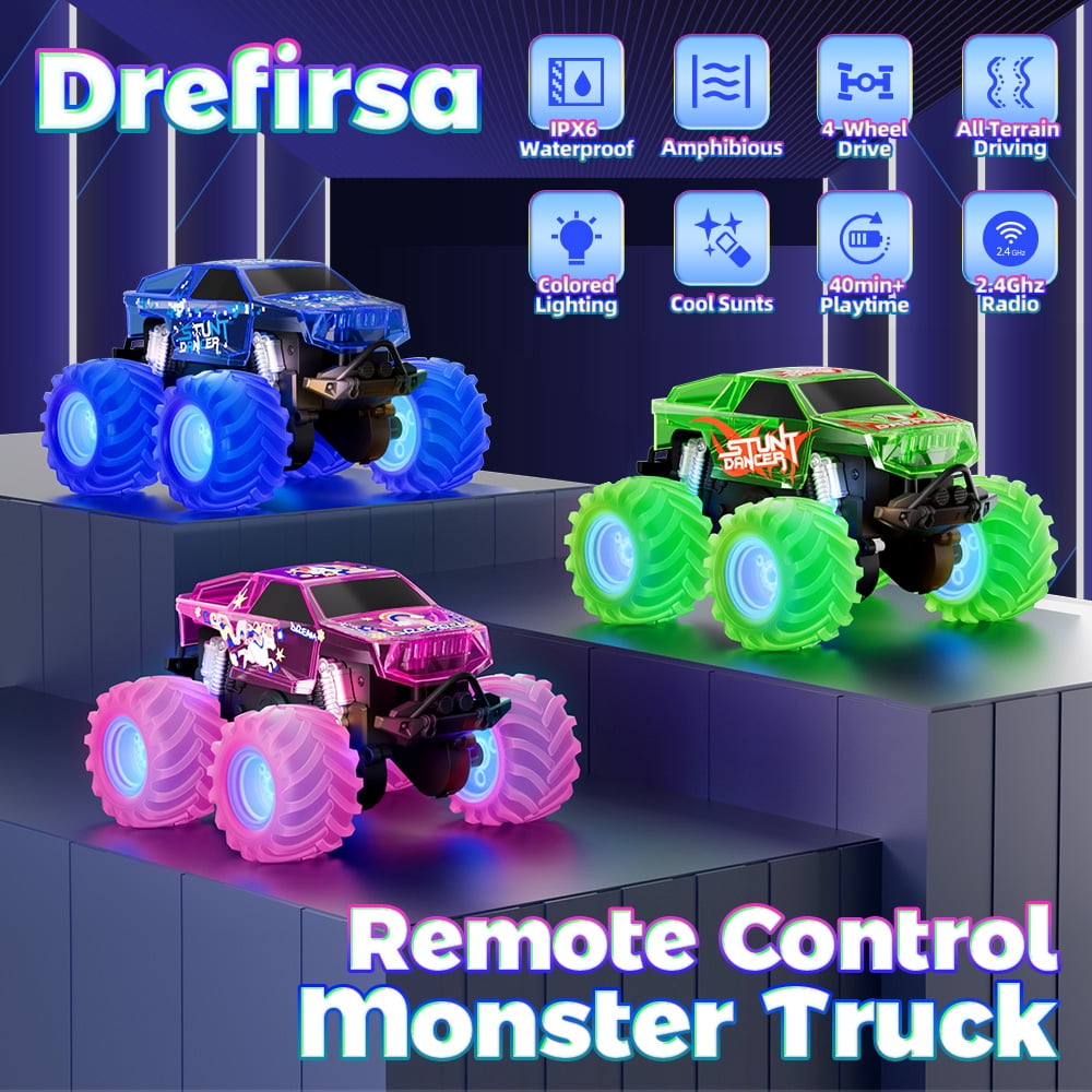 Drefirsa Amphibious Remote Control Monster Truck, Remote Control Car with Colorful Light  and Stunt