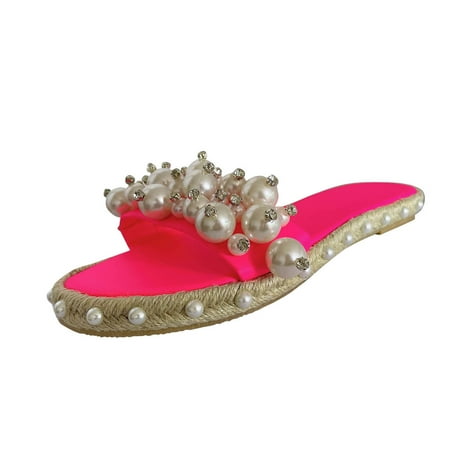

Sandals For Women Summer Womens Pearl Fashion One-Word Slippers Flat Large Size Sandals And Slippers Stylish Shoes