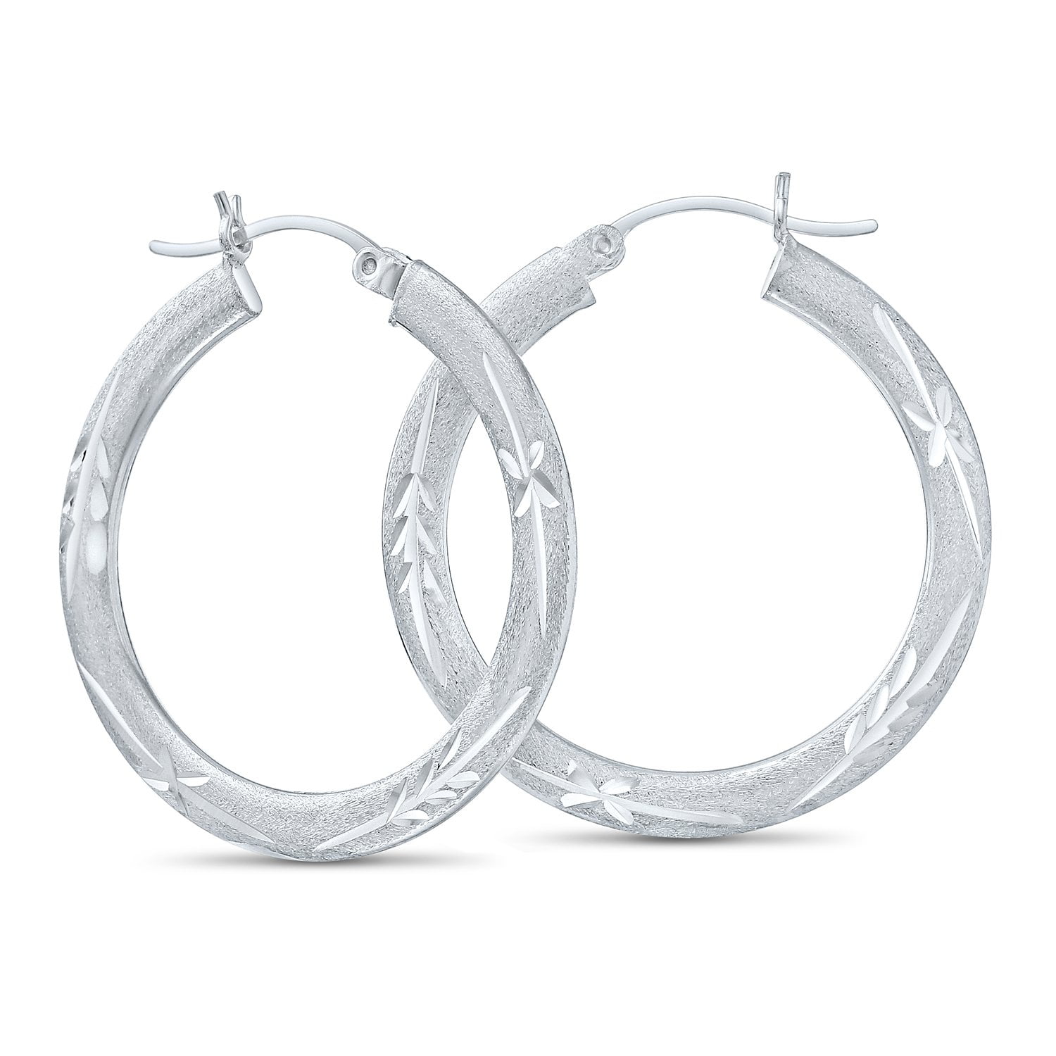 Tilo Jewelry .925 Sterling Silver Flat Tube Floral Engraved Round Hoop Earrings with Satin Finish | 32mm | Women & Unisex