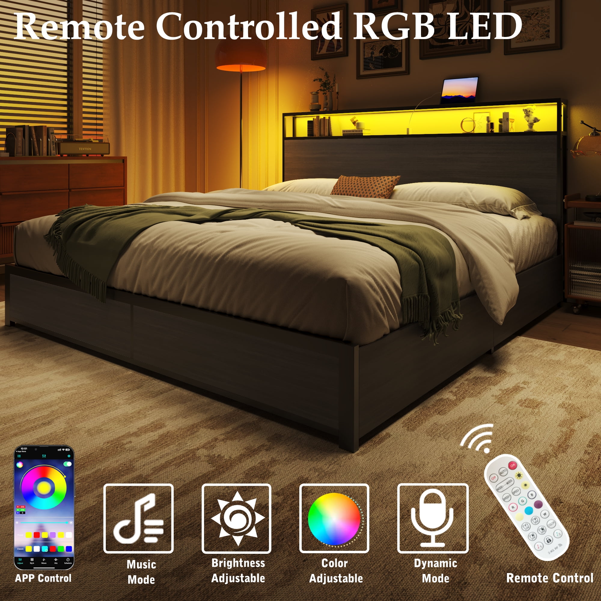 Fluest King Bed Frame with 2-Tier Storage Headboard, USB Port and LED Light, 4 Storage Drawers, Gray