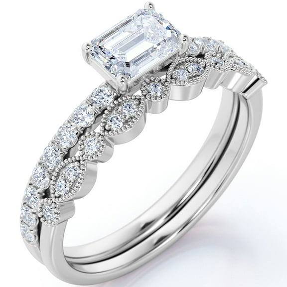 JeenMata 1.75 Carat Emerald Cut Moissanite Wedding Set - Bridal Set - Three Stone Ring - Designer Ring - 18k White Gold Over Silver