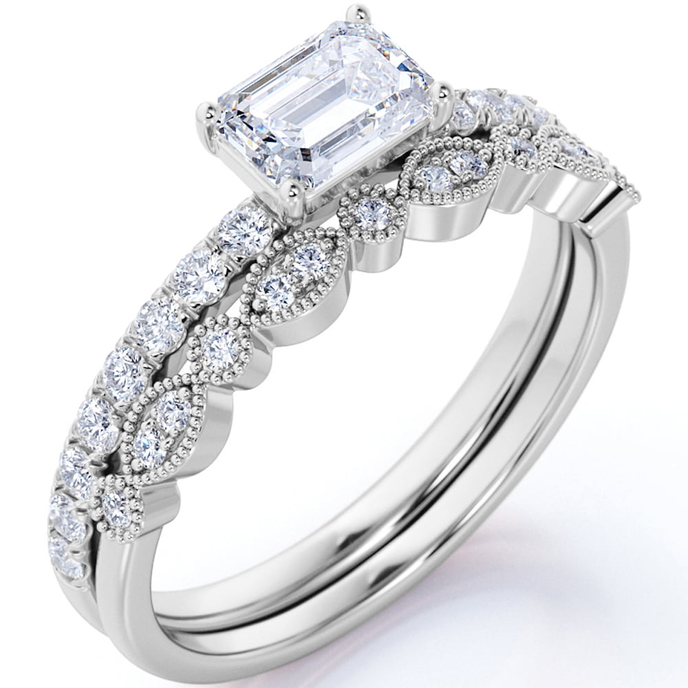 JeenMata 1.75 Carat Emerald Cut Moissanite Wedding Set - Bridal Set - Three Stone Ring - Designer Ring - 18k White Gold Over Silver