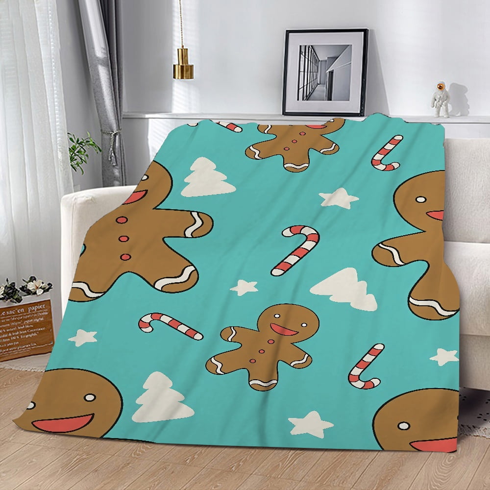 FUNIER Christmas Flannel Throw Blanket Gingerbread Man Cane Candy