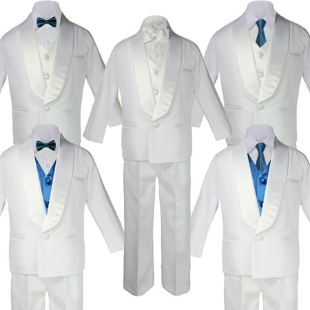 

5-7pc Boy Teen White Shawl Lapel Party Suits Tuxedo TEAL Satin Bow Necktie Vest