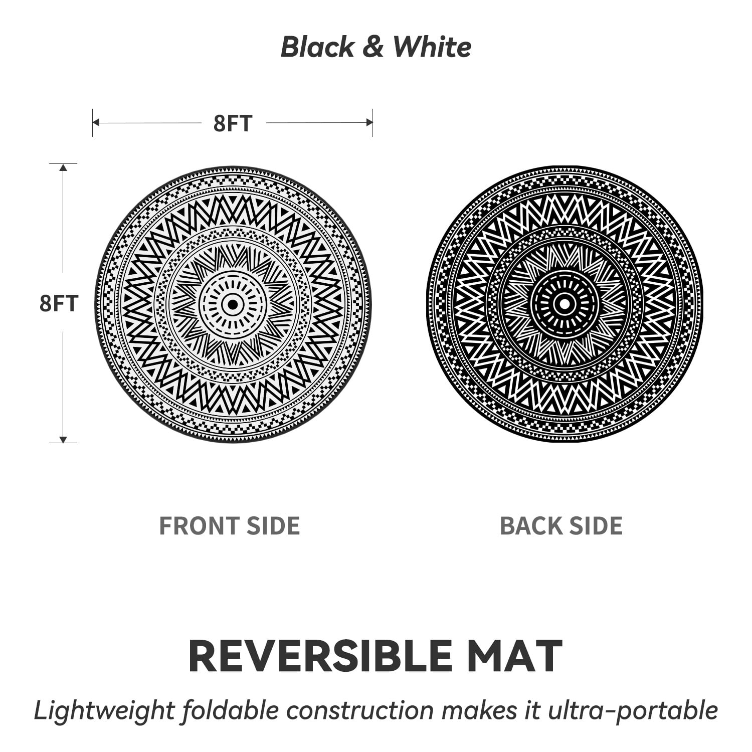 SIXHOME Outdoor Rugs 8'x8' Round Indoor Outdoor Rugs Waterproof Reversible Patio Rug Plastic Straw Lightweight Outdoor Carpet for RV Camping Deck Balcony Graden Beach Boho Porch Decor Black