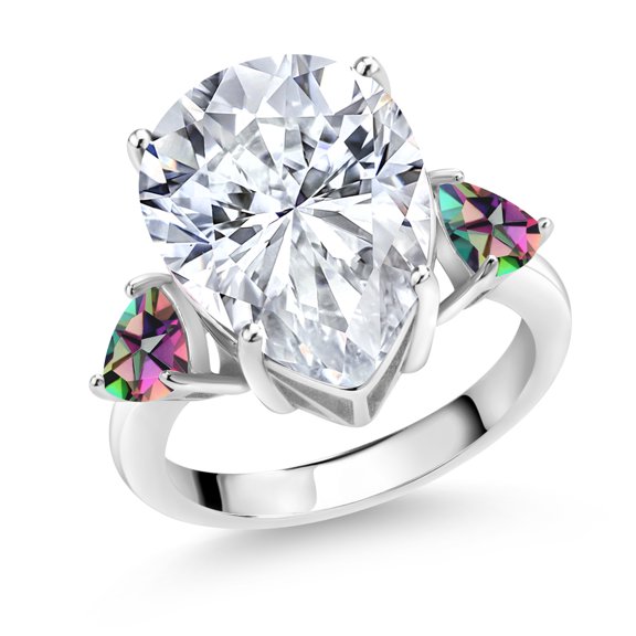 Gem Stone King 925 Sterling Silver Green Mystic Topaz Ring Set with Moissanite (10.37 Cttw) (Size 9)