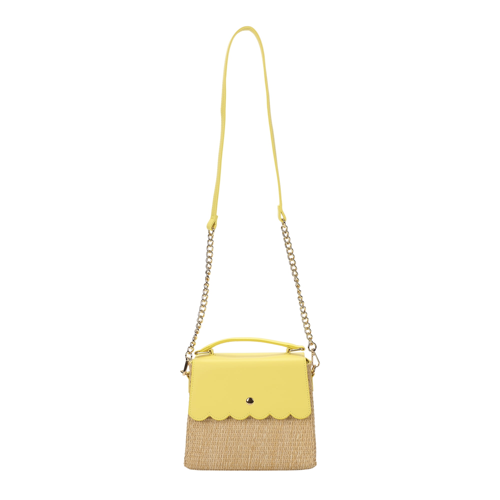 Packed Party Women's Woven Straw Crossbody Bag with Faux Leather Scallop and Chain Strap, Yellow