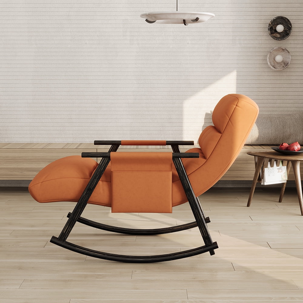 Accent Folding Rocking Recliner Chair with Side Pocket, Upholstered Nursery Glider Chair with 5 Adjustable High Back for Living Room Bedroom Balcony, Orange