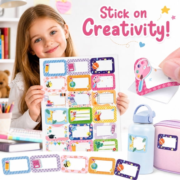 Kids Large Writable Name Label Stickers, Cute Cartoon Style Self Adhesive Tags for Back To School Supply Organization(6 Pcs)