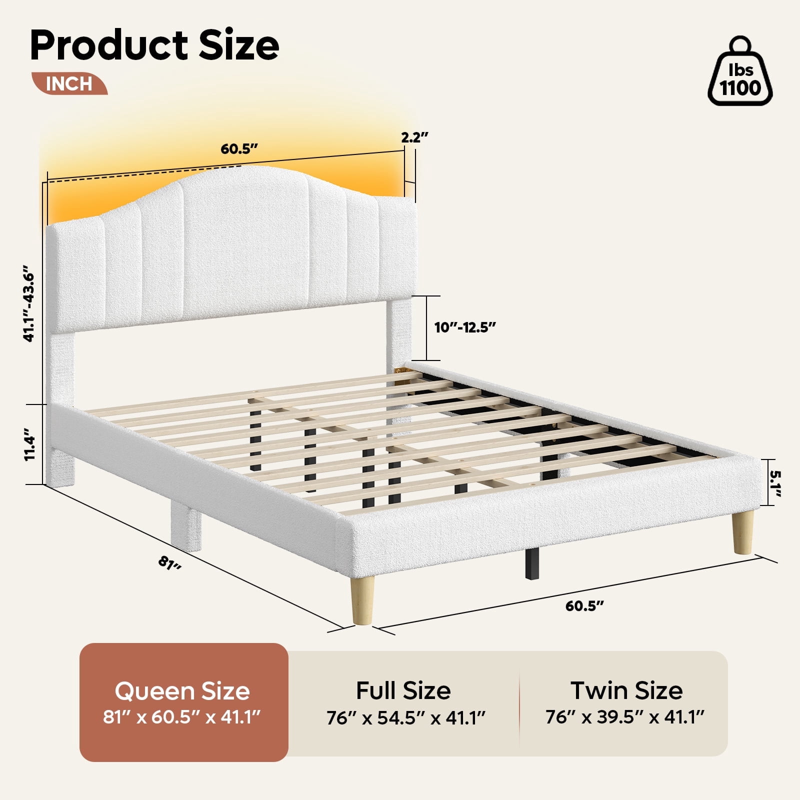 Pinmoco Queen Upholstered Bed Frame with Adjustable Arc-shaped Headboard, LED Platform Bed, Teddy Velvet White